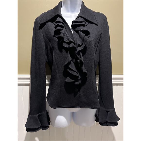 Vtg St John Black Santana Knit, Ruffled Front & Sleeve Cuff Jacket Size 2 EUC - Picture 1 of 8